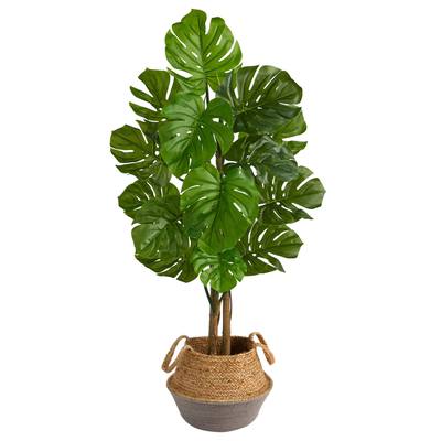 4'Monstera Artificial Tree in Boho Chic Handmade Cotton & Jute Gray Woven Planter UV Resistant (Indoor/Outdoor)