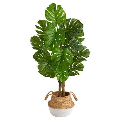 4'Monstera Artificial Tree in Boho Chic Handmade Cotton & Jute White Woven Planter UV Resistant (Indoor/Outdoor)