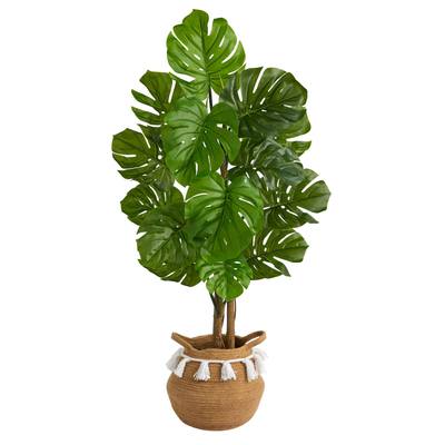 4'Monstera Artificial Tree in Boho Chic Handmade Natural Cotton Woven Planter with Tassels UV Resistant (Indoor/Outdoor)