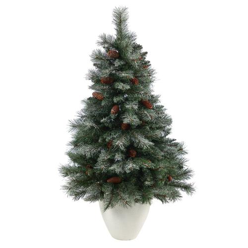 4'Snowed French Alps Mountain Pine Artificial Christmas Tree with 237 Bendable Branches and Pine Cones in White Planter