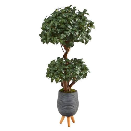 4'Sweet Bay Double Ball Topiary Artificial Tree in Gray Planter with Stand