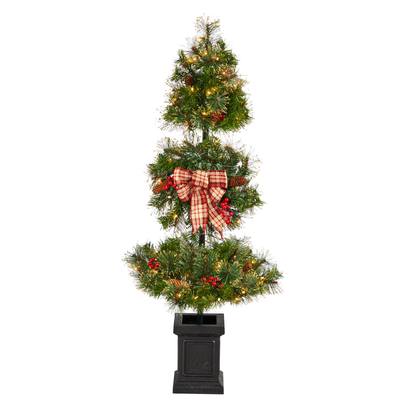 4'Christmas Artificial Topiary Tree with Decorative Ribbon, Berries, 70 Clear LED Lights and 109 Bendable Branches in Planter
