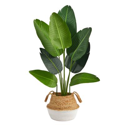 4'Travelers Palm Artificial Tree in Boho Chic Handmade Cotton & Jute White Woven Planter