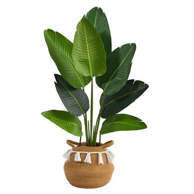 4'Travelers Palm Artificial Tree in Boho Chic Handmade Natural Cotton Woven Planter with Tassels