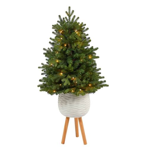 4'Washington Fir Artificial Christmas Tree with 50 Clear Lights in White Planter with Decorative Planter Stand