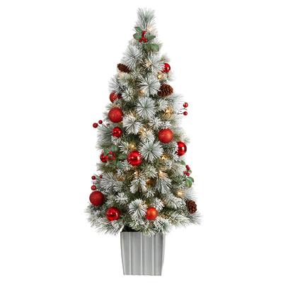 4' Winter Flocked Artificial Christmas Tree Pre-Lit with 50 LED Lights and Ornaments in Decorative Planter