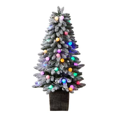 4' Winter Flocked Pre-Lit Artificial Christmas Tree with 40 LED Globe Lights, 259 Bendable Branches in Decorative Planter, Indoor Outdoor Patio Porch Home Décor