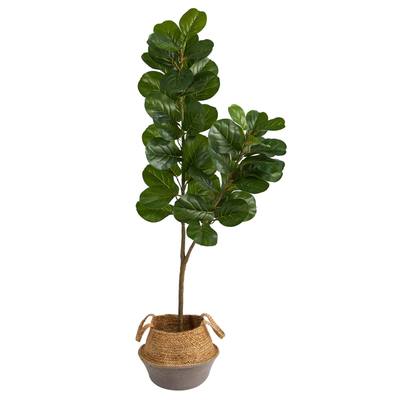 4.5'Fiddle Leaf Fig Artificial Tree with Boho Chic Handmade Cotton and Jute White Woven Planter