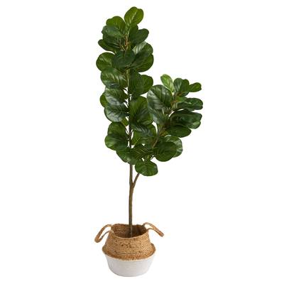4.5'Fiddle Leaf Fig Artificial Tree with Boho Chic Handmade Cotton & Jute White Woven Planter