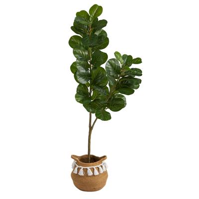 4.5'Fiddle Leaf Fig Artificial Tree with Boho Chic Handmade Natural Cotton Woven Planter with Tassels