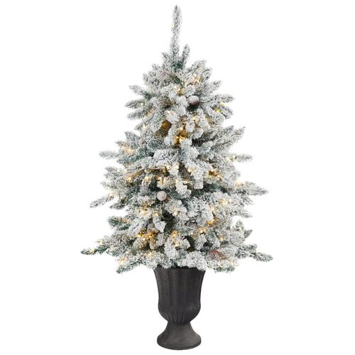 4.5'Flocked Livingston Fir Artificial Christmas Tree with Pine Cones and 150 Clear Warm LED Lights in Charcoal Urn