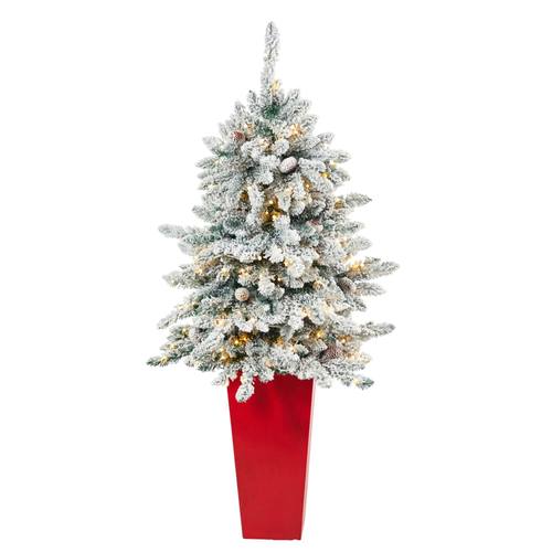 4.5'Flocked Livingston Fir Artificial Christmas Tree with Pine Cones and 150 Clear Warm LED Lights in Tall White Planter