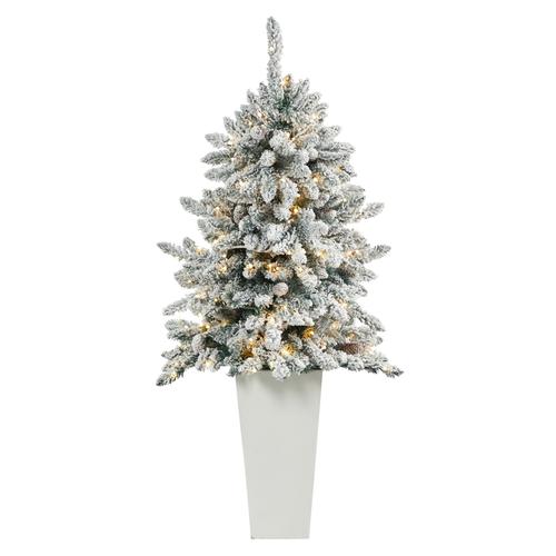 4.5'Flocked Livingston Fir Artificial Christmas Tree with Pine Cones and 150 Clear Warm LED Lights in Tall White Planter