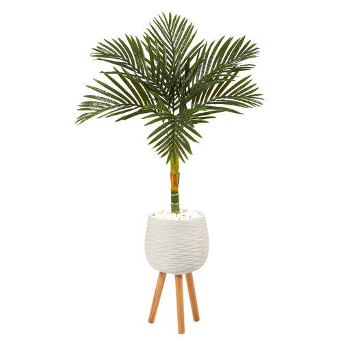 4.5'Golden Cane Artificial Palm Tree in White Planter with Stand