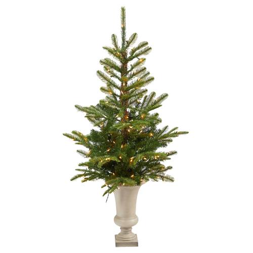 4.5'Layered Washington Spruce Artificial Christmas Tree with 100 Clear LED Lights and 189 Bendable Branches in Sand Colored Urn