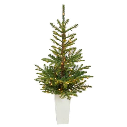 4.5'Layered Washington Spruce Artificial Christmas Tree with 100 Clear LED Lights and 189 Bendable Branches in White Planter