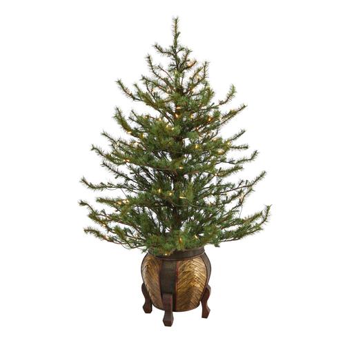 4.5'Vancouver Mountain Pine Artificial Christmas Tree with 100 Clear Lights and 374 Bendable Branches in Decorative Planter