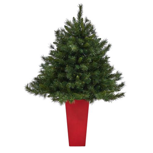 4.5'Wyoming Mixed Pine Artificial Christmas Tree with 250 Clear Lights and 462 Bendable Branches in Red Tower Planter