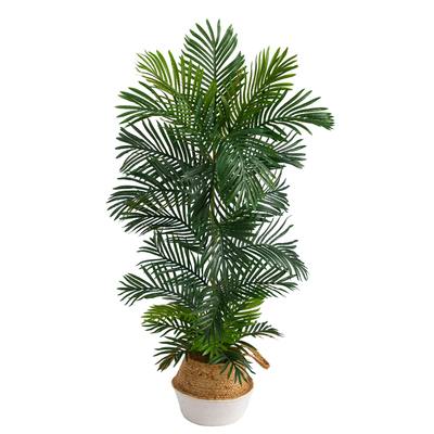 5'Areca Artificial Palm Tree in Boho Chic Handmade Cotton & Jute White Woven Planter UV Resistant (Indoor/Outdoor)