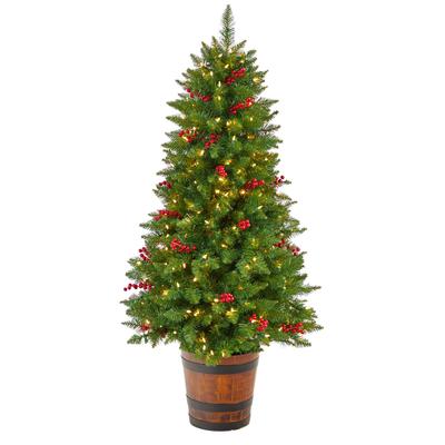 5' Colorado Aspen Pre-Lit Artificial Porch Christmas Tree with 200 LED lights, 426 Bendable Branches and Berries in Decorative Planter