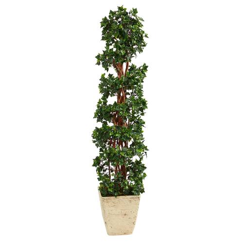 5'English Ivy Topiary Spiral Artificial Tree in Country White Planter UV Resistant (Indoor/Outdoor)