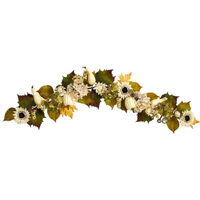 5'Fall Sunflower, Hydrangea and White Pumpkin Artificial Autumn Garland