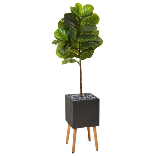 5'Fiddle Leaf Artificial Tree in Black Planter with Stand (Real Touch)