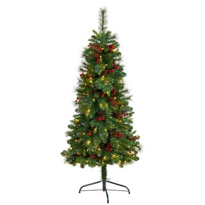 5'Flat Back Montreal Mountain Pine Artificial Christmas Tree with Pinecones, Berries and 110 Warm White LED Lights and 223 Bendable Branches
