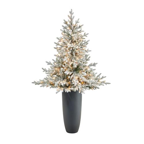 5'Flocked Fraser Fir Artificial Christmas Tree with 300 Warm White Lights and 967 Bendable Branches in Gray Planter