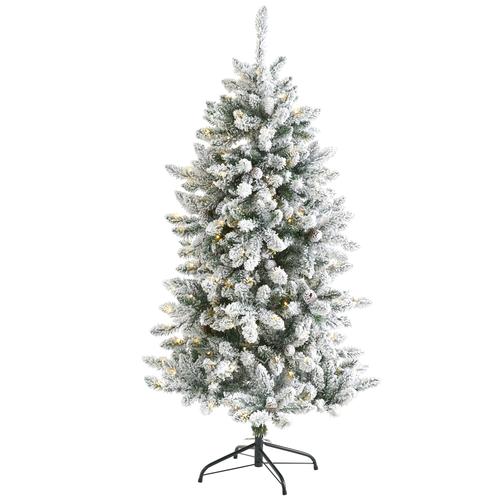 5'Flocked Livingston Fir Artificial Christmas Tree with Pine Cones and 200 Clear Warm LED Lights