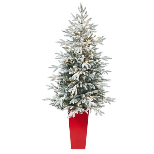 5'Flocked Manchester Spruce Artificial Christmas Tree with 100 Lights and 357 Bendable Branches in Red Tower Planter