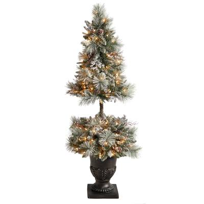 5'Flocked Artificial Porch Christmas Tree with 100 LED Lights and 186 Bendable Branches in Decorative Urn