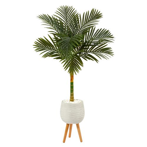5'Golden Cane Artificial Palm Tree in White Planter with Stand
