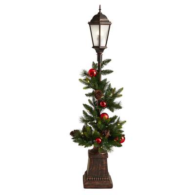 5' Holiday Decorated Lamp Post with Artificial Christmas Greenery, Ornaments and 50 LED Lights, Indoor Outdoor Patio Porch Décor