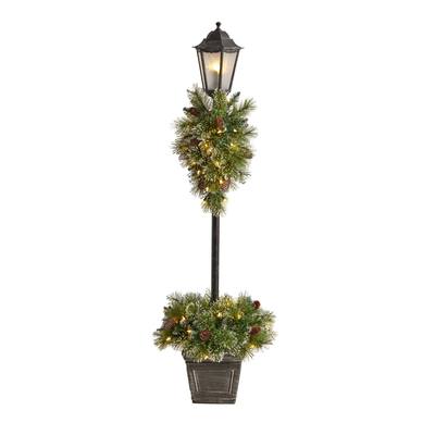 5'Holiday Pre-lit Decorated Lamp Post with Artificial Christmas Greenery, Decorative Container and 50 LED Lights Indoor Outdoor Patio Porch Decor