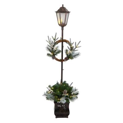 5'Holiday Pre-lit Decorated Lamp Post with Artificial Christmas Greenery, Decorative Container and 50 LED Lights Indoor Outdoor Patio Porch Decor
