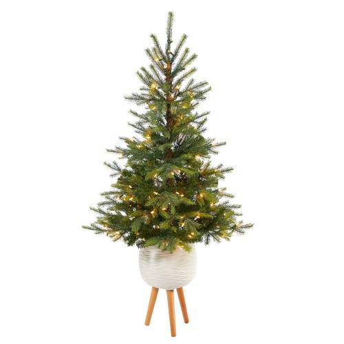 5'North Carolina Spruce Artificial Christmas Tree with 100 Clear Lights and 207 Bendable Branches in White Planter with Stand