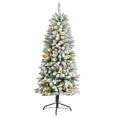 5'Slim Flocked Montreal Fir Artificial Christmas Tree with 150 Warm White LED Lights and 491 Bendable Branches