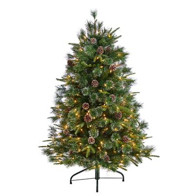 5'Snowed Tipped Clermont Mixed Pine Artificial Christmas Tree with 250 Clear Lights, Pine Cones and 858 Bendable Branches