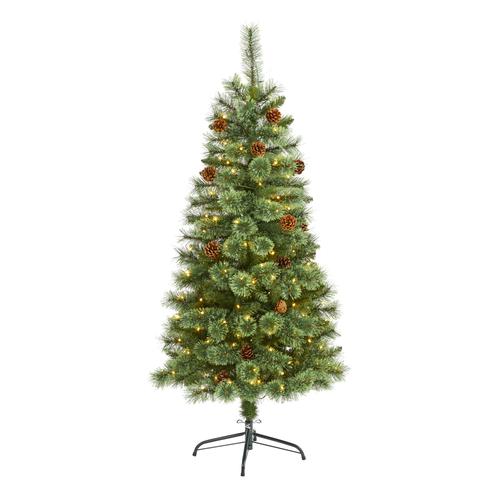 5'White Mountain Pine Artificial Christmas Tree with 200 Clear LED Lights and Pine Cones