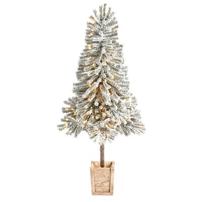 5' Winter Flocked Leaning Artificial Christmas Tree Pre-Lit with 150 LED Lights and 288 Bendable Branches in Decorative Planter