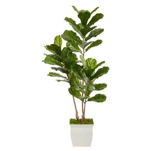 5.5'Fiddle Leaf Artificial Tree in White Metal Planter UV Resistant (Indoor/Outdoor)