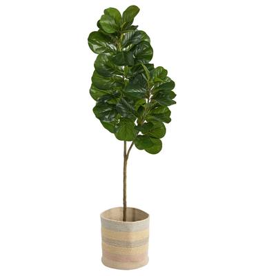 5.5'Fiddle Leaf Fig Artificial Tree in Handmade Natural Cotton Multicolored Woven Planter