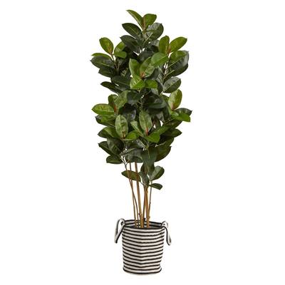 5.5'Oak Artificial Tree in Handmade Black and White Natural Jute and Cotton Planter UV Resistant (Indoor/Outdoor)