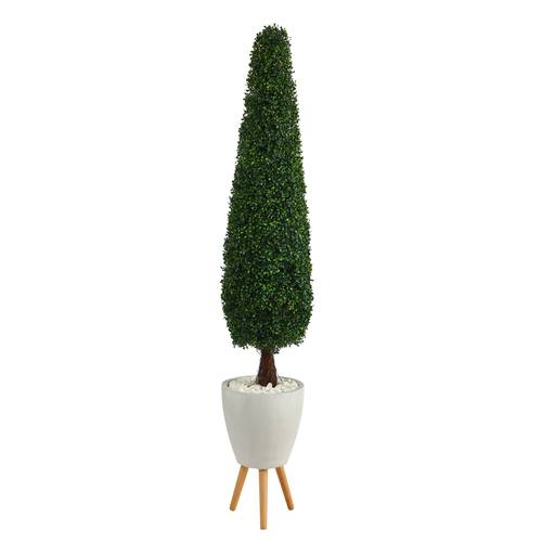 6'Boxwood Topiary Artificial Tree in White Planter with Stand UV Resistant (Indoor/Outdoor)