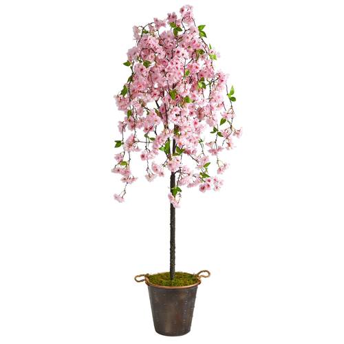 6' Cherry Blossom Artificial Tree in Decorative Metal Pail with Rope