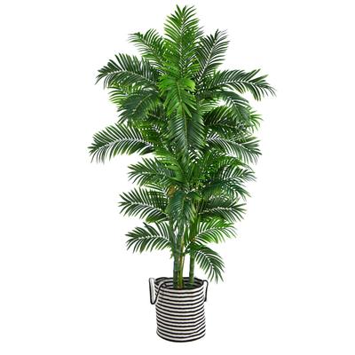 6'Curvy Parlor Artificial Palm Tree in Handmade Black and White Natural Jute and Cotton Planter