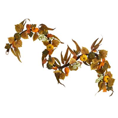 6'Fall Green and Orange Assorted Pumpkin and Gourds with White Berries Artificial Autumn Garland