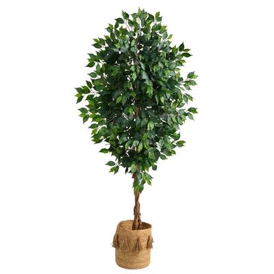 6'Ficus Artificial Tree with Natural Trunk in Handmade Natural Jute Planter with Tassels