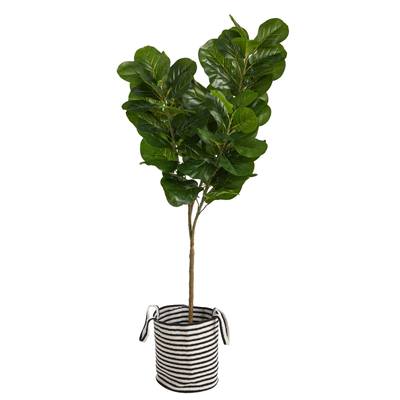 6'Fiddle Leaf Fig Artificial Tree in Handmade Black and White Natural Jute and Cotton Planter
